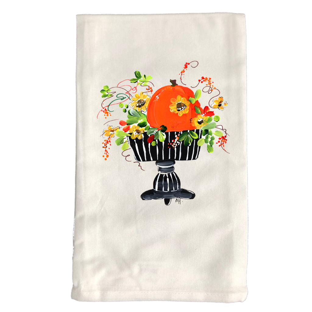 Kitchen Towel Fall 760 Pumpkin Flowers in Black Stripe Stand W