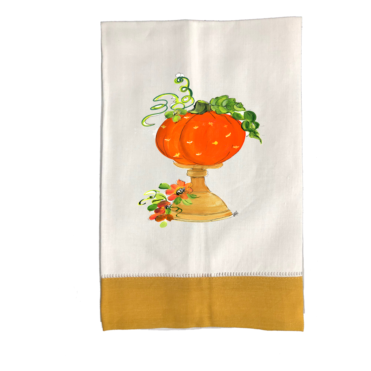 Tea Towel Fall 739 Pumpkin on Gold Stand GLD