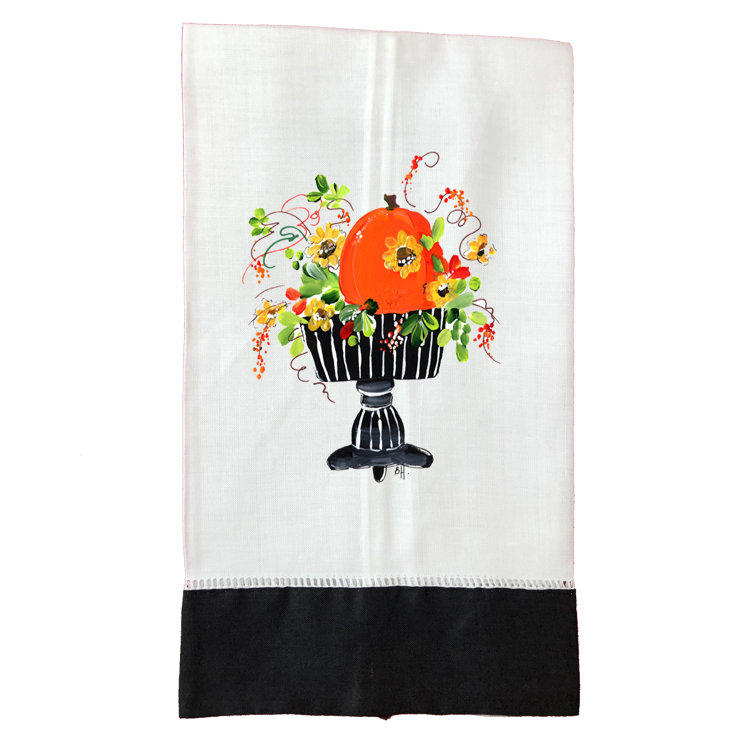 Tea Towel Fall 760 Pumpkin Flowers in Black Stripe Stand BLK
