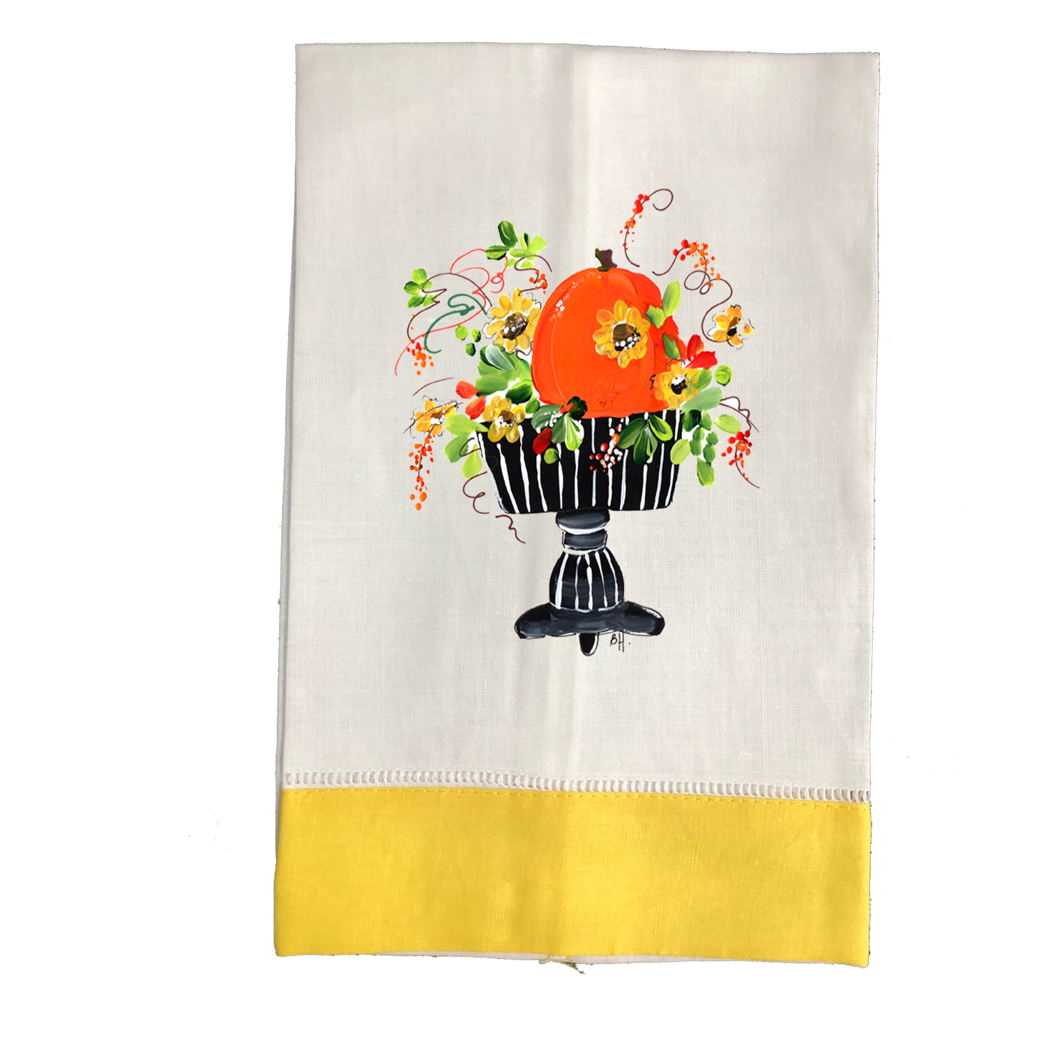 Tea Towel Fall 760 Pumpkin Flowers in Black Stripe Stand Y