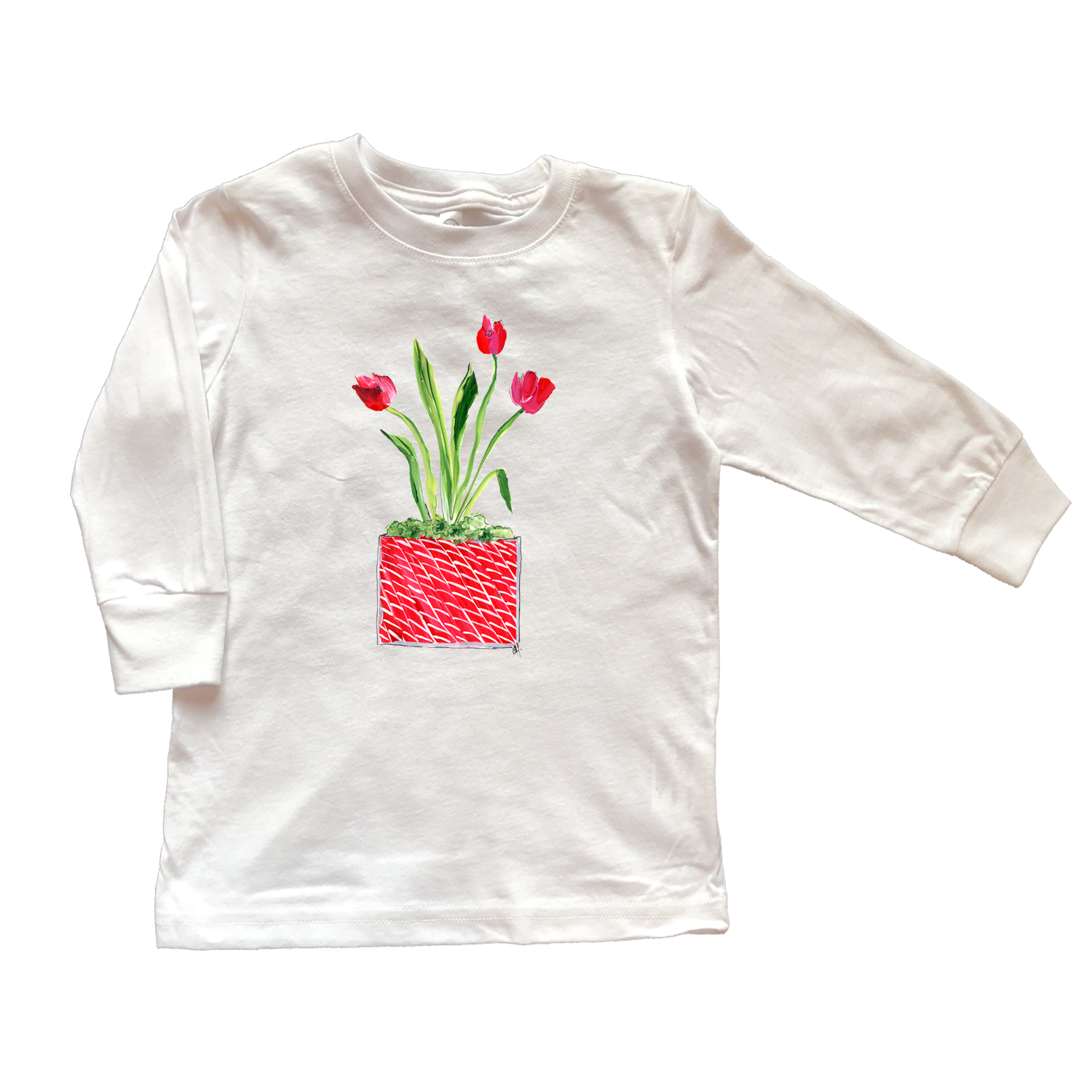 Cotton Tee Shirt Long Sleeve 263 Red Pot of Tulips